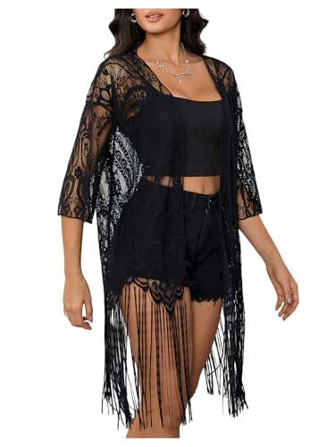 MakeMeChic Women's Lace Sheer Fringe Kimono Hollow Out Top Open